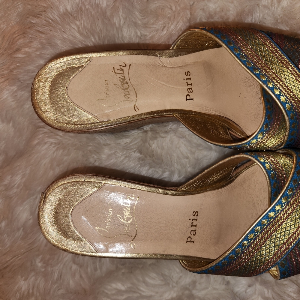 Christian Louboutin Metallic Multicolor Maichor Cork Platform Wedge Sandals 38.5 - Picture 9 of 10